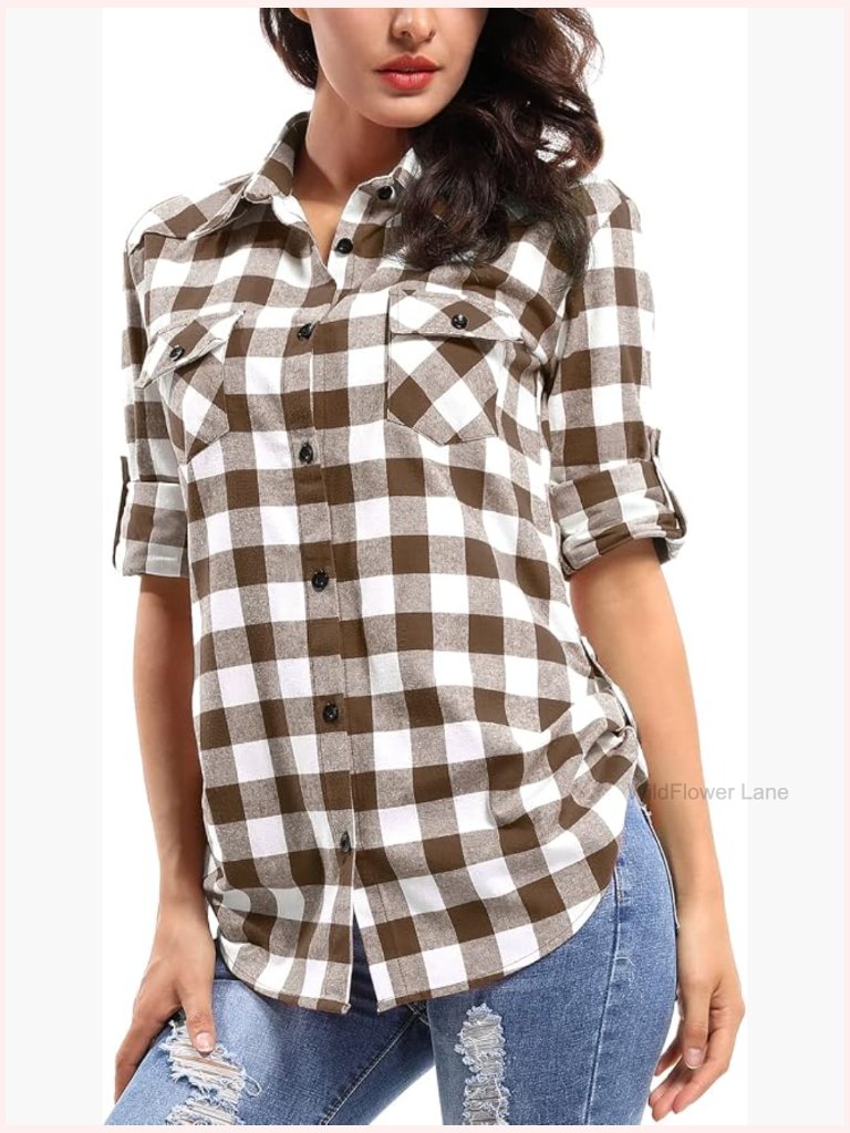 Women's Plaid Flannel Button Down Long Sleeve Casual Fitted Western Top